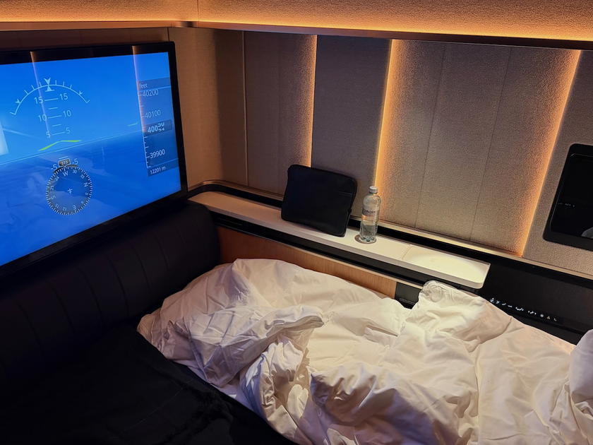 SWISS A350 first class bed viewed from the foot of the suite