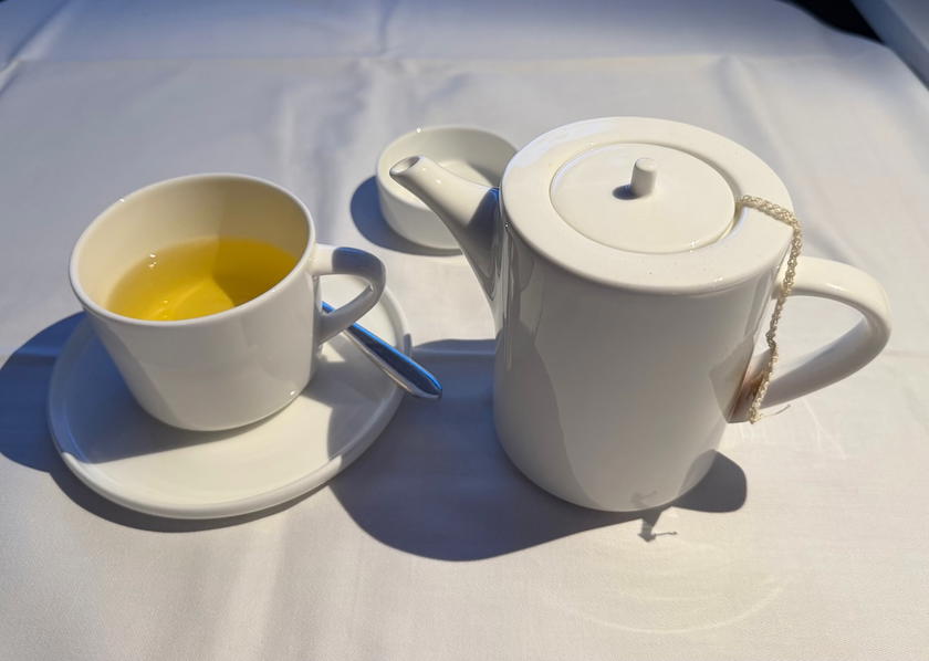Cup of tea served in SWISS first class on the A350