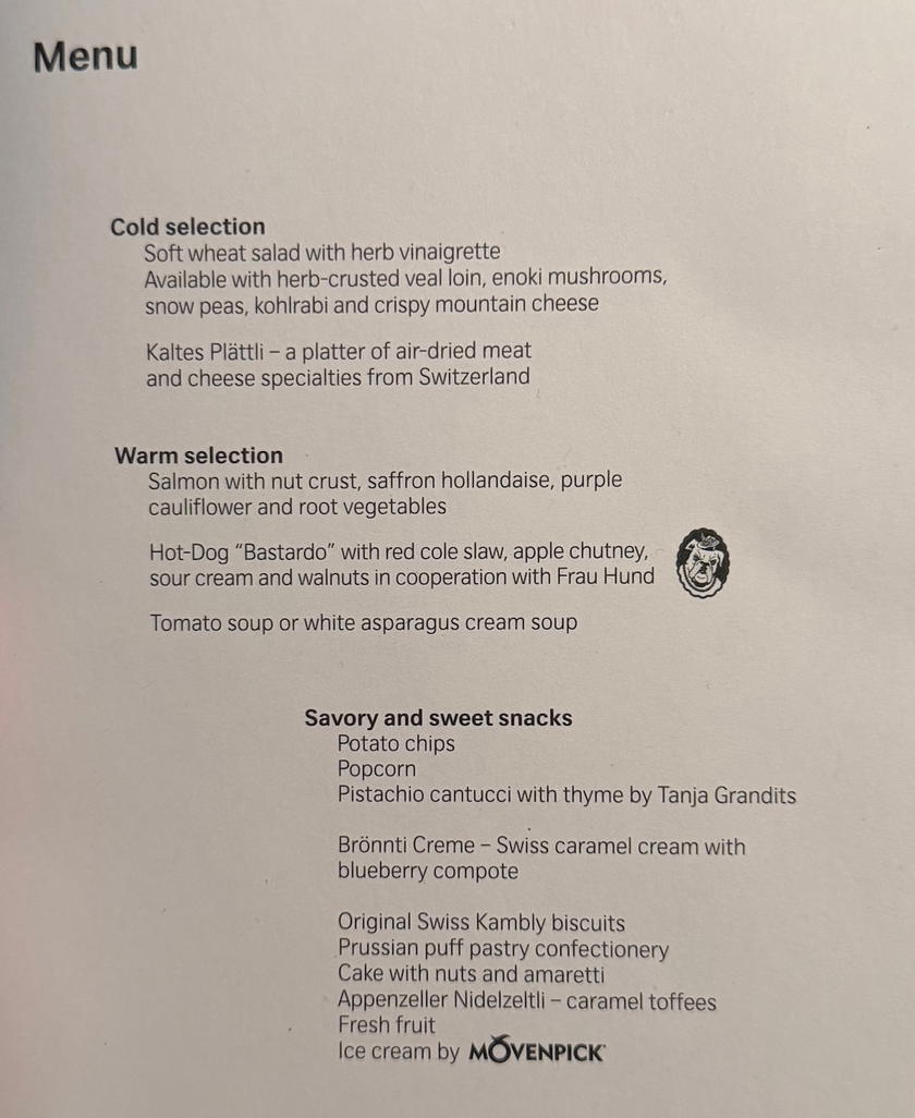 SWISS first class snack menu card displayed on the A350