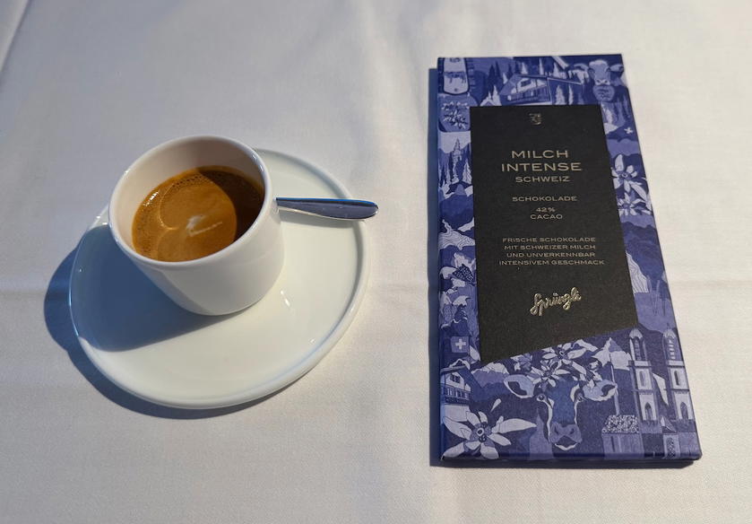 Espresso and chocolate bar served before landing in SWISS first class