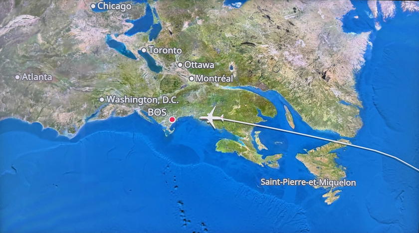 SWISS A350 entertainment screen showing the descent toward Boston