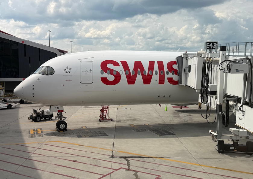 SWISS A350 aircraft parked at the gate after arrival in Boston