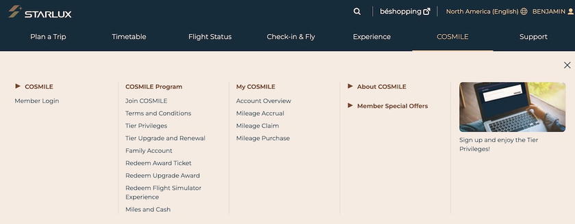 Starlux COSMILE Mileage Purchase page showing the standard price of four cents per mile