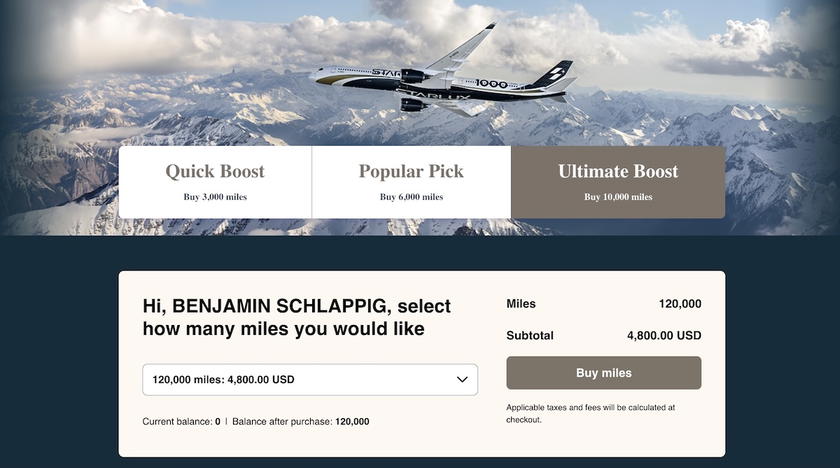 Starlux COSMILE page for buying miles, with purchase options processed through points.com