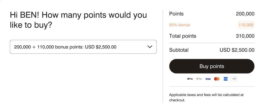 Screenshot showing the cost to buy 310,000 Bonvoy points at 0.81 cents each