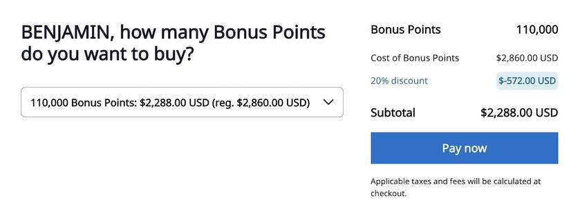 World of Hyatt points purchase page showing the discounted cost of 2.08 cents per point