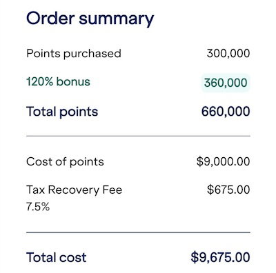 JetBlue purchase screen showing 660,000 TrueBlue points with bonus for $9,675, about 1.47 cents per point