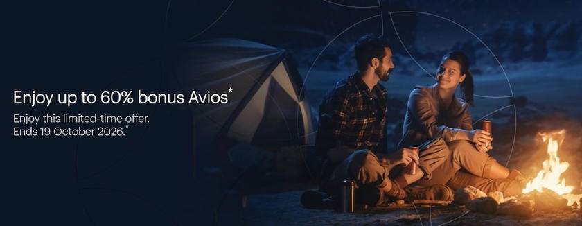 Qatar Airways Privilege Club promotion graphic showing 30%, 50% and 60% bonus tiers on purchased Avios