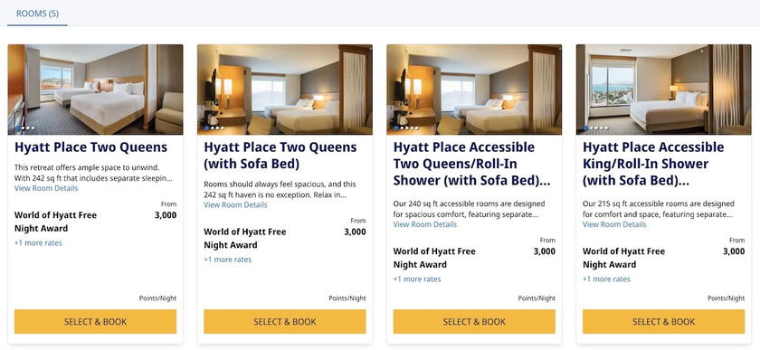 World of Hyatt award search showing a Category 1 Hyatt Place Los Cabos night costing 3,000 points