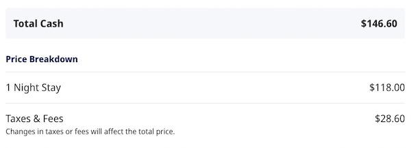 Hyatt Place Los Cabos booking screen showing a cash rate of $146.60 per night including taxes and fees