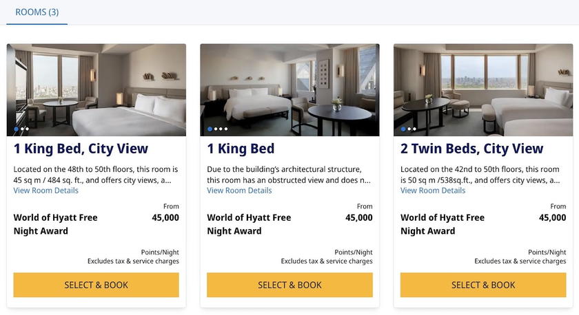 World of Hyatt award search showing a Category 8 Park Hyatt Tokyo night costing 45,000 points