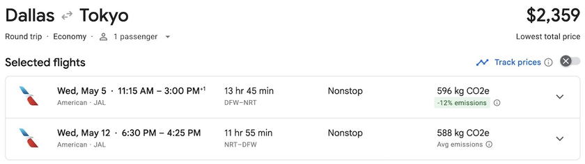 Screenshot of a roundtrip economy fare from Dallas to Tokyo. 