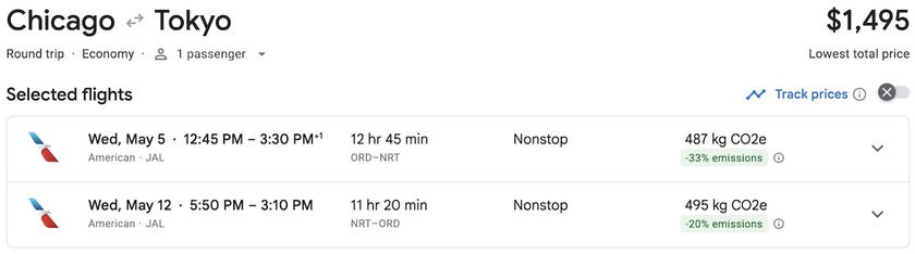 Screenshot of a roundtrip economy fare from Chicago to Tokyo
