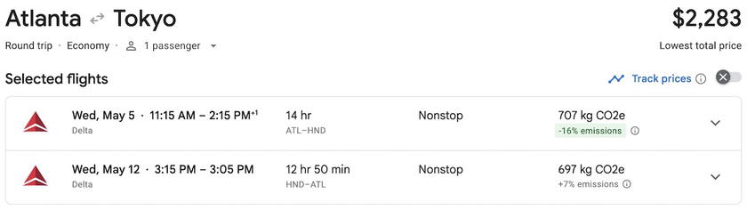 Screenshot of a roundtrip economy fare from Atlanta to Tokyo