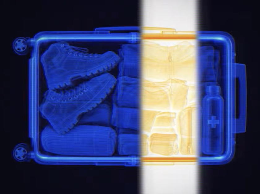 Bag being scanned showing a water bottle with a cross symbol in Air Canada teaser video