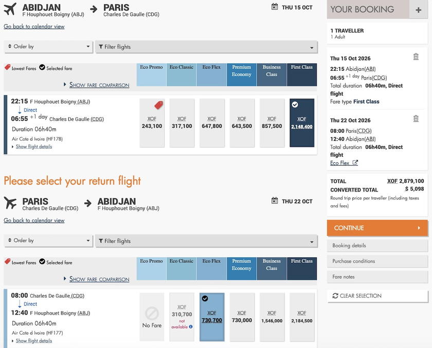 Air Cote d'Ivore first class fare pricing shown on booking screen
