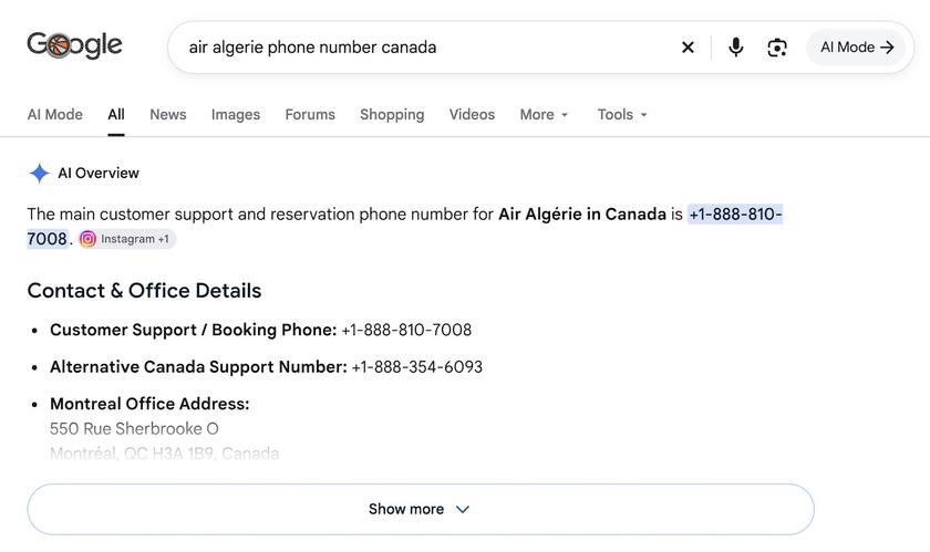 Screenshot of an Instagram post listing an Air Algerie phone number for Canada under Contact & Office Details