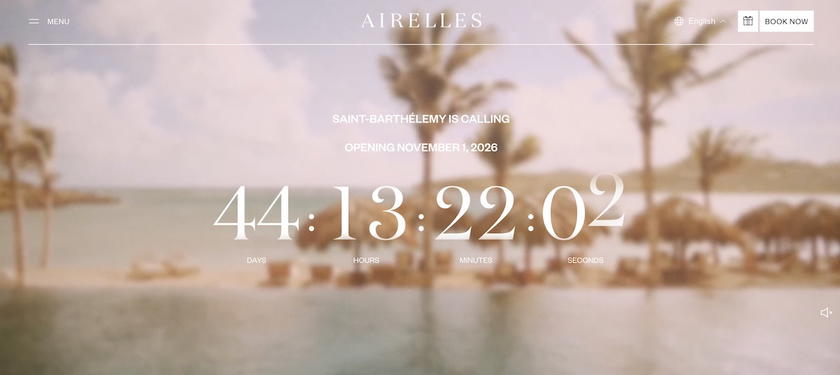 Airelles St. Barth website showing a countdown to the property's opening and a booking button