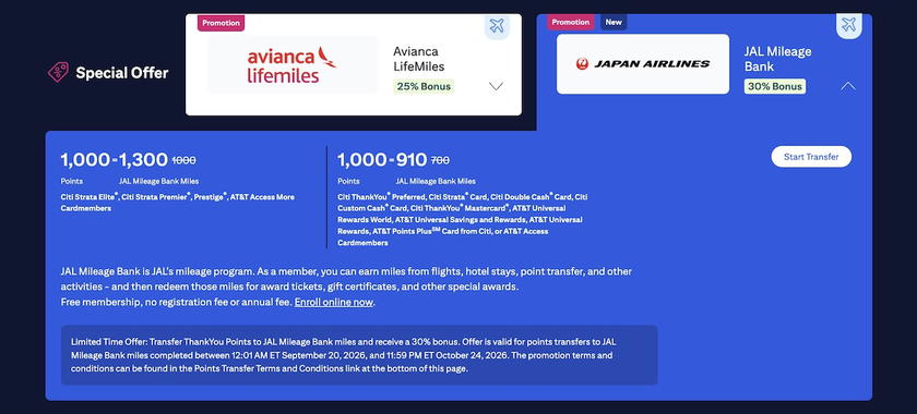 Citi ThankYou transfer page showing Japan Airlines Mileage Bank with a 30% transfer bonus
