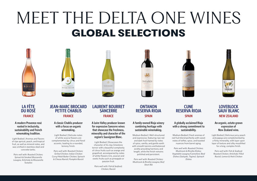 Selection of Napa Valley wines featured in Delta One's new business class wine program