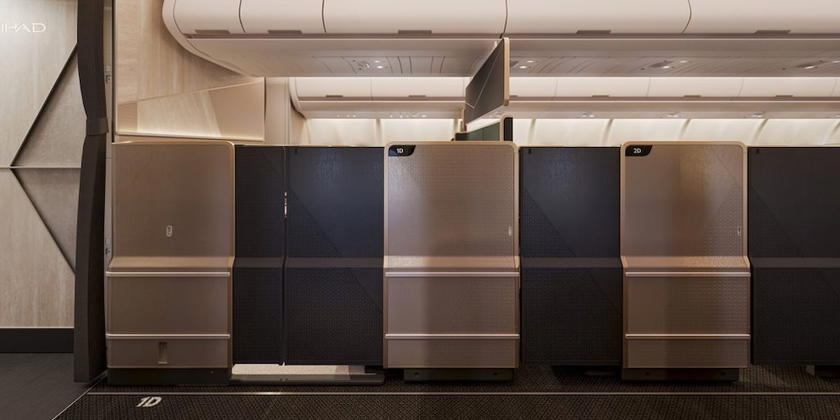 View of Etihad's new A330neo cabin showing the first and business class sections