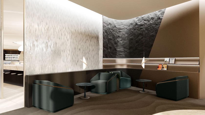 Rendering of lounge seating with soft lighting in the new Etihad lounge at London Heathrow