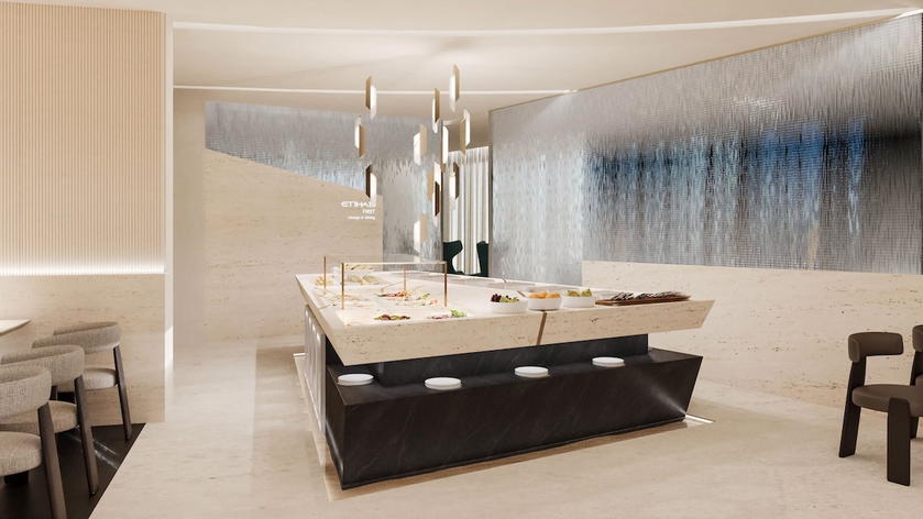 Rendering of the dining area layout in the new Etihad lounge at London Heathrow