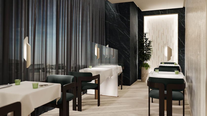 Rendering of dining tables and seating in the new Etihad lounge at London Heathrow