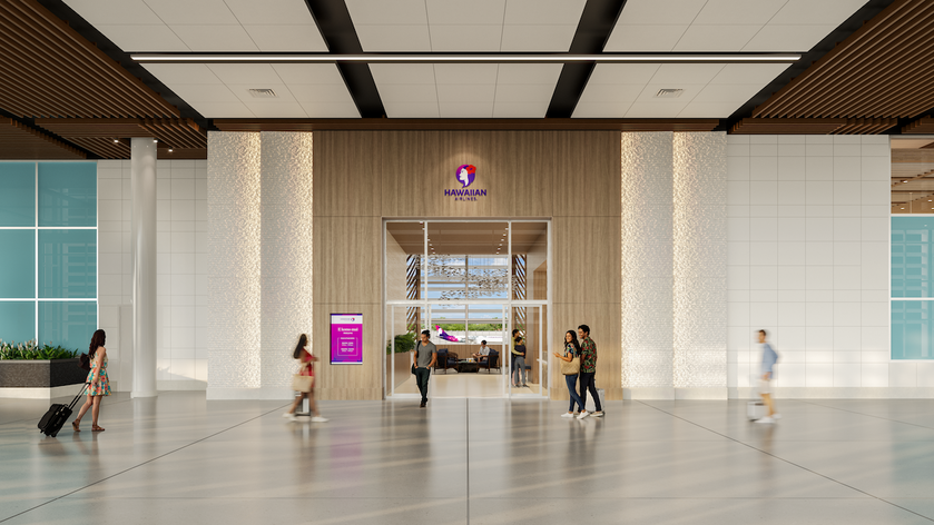 Rendering of the new Hawaiian Airlines flagship lounge at Honolulu Airport, showing seating areas and island-inspired decor.