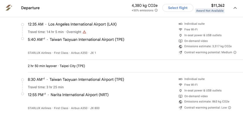 Starlux first class revenue fare pricing shown on booking screen
