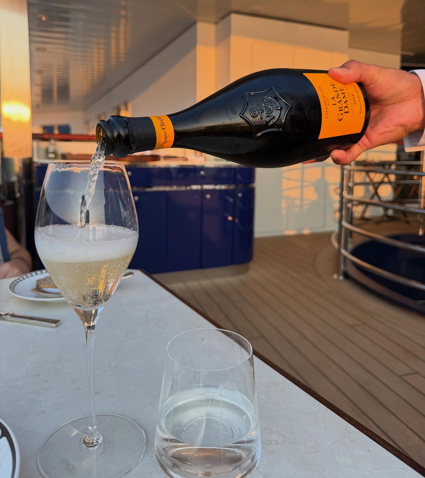 A bottle of Veuve Clicquot La Grande Dame champagne served aboard Orient Express Corinthian