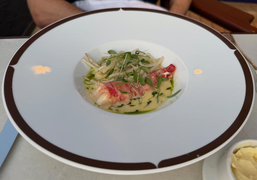 A plated course served at La Terrasse restaurant aboard Orient Express Corinthian