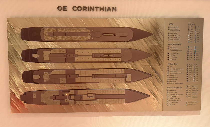 Illuminated deck map on a wall aboard Orient Express Corinthian