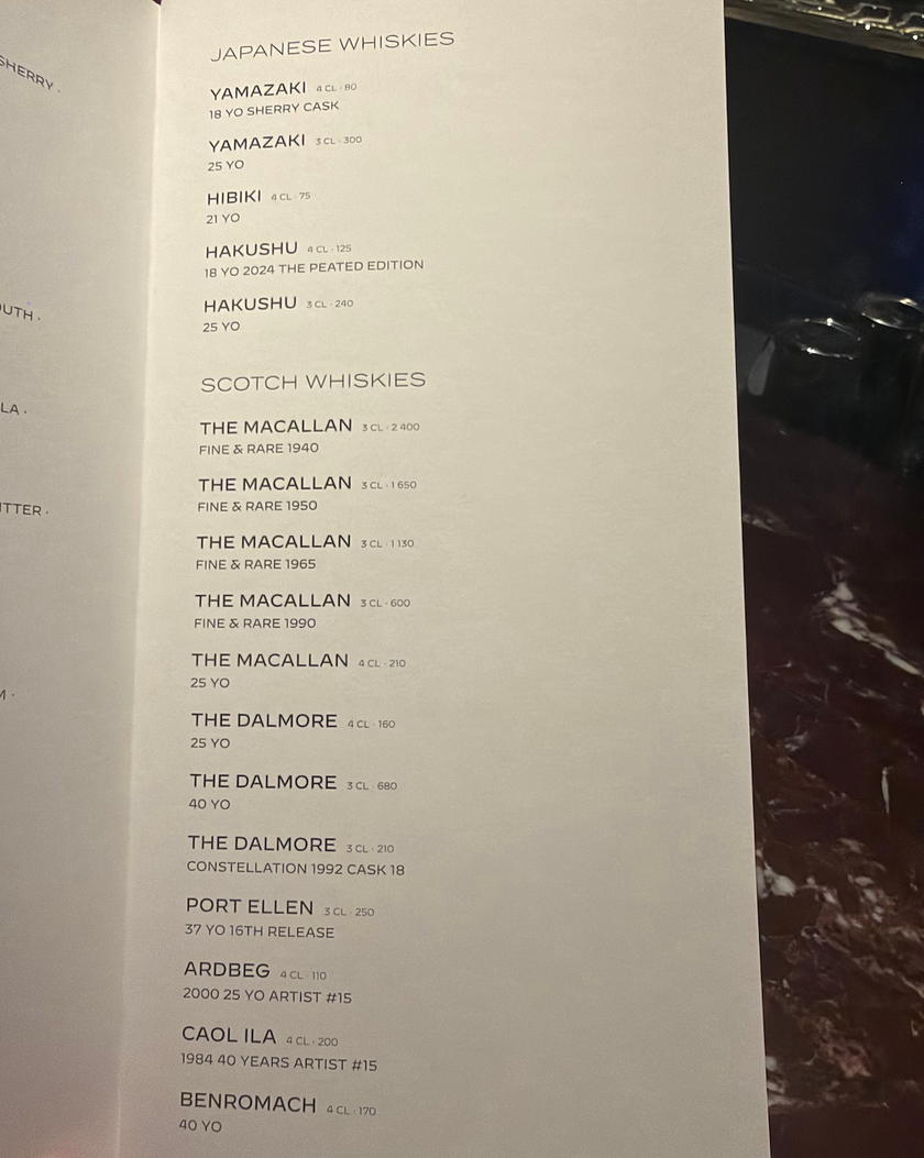 Printed menu at Le Speakeasy aboard Orient Express Corinthian