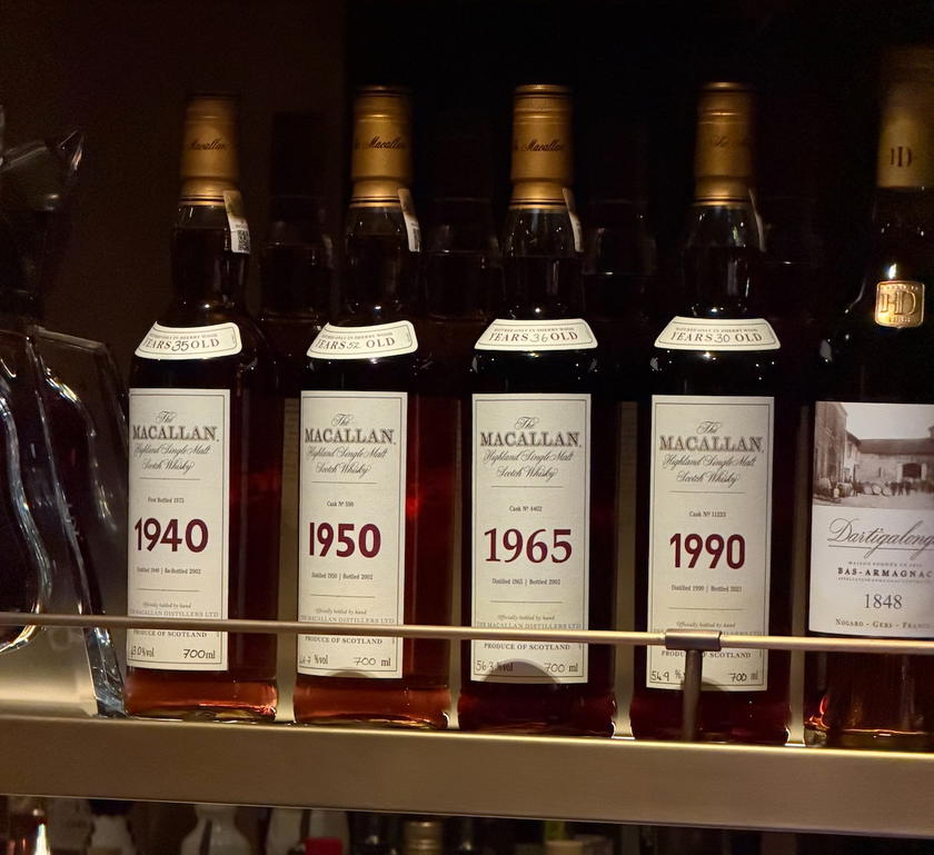 Le Speakeasy bar aboard Orient Express Corinthian with a wide whisky selection on display