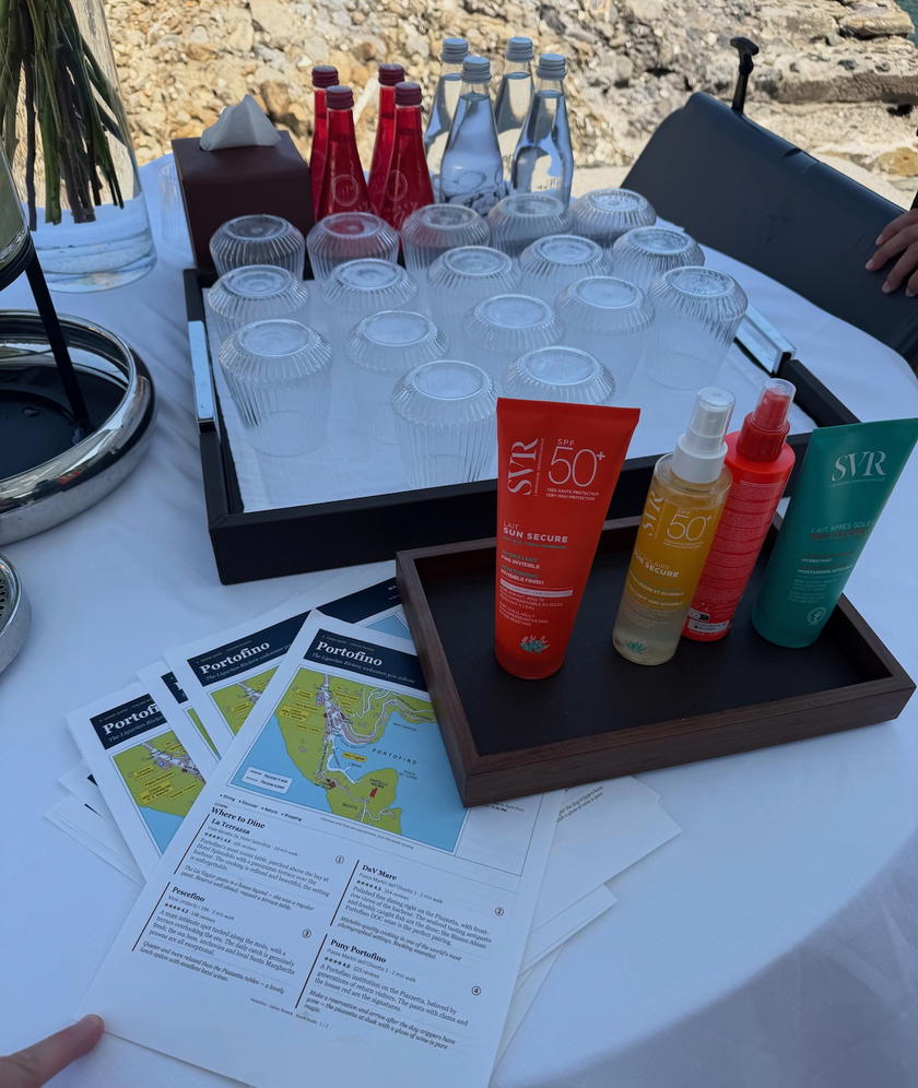 Shore tent with sunscreen, water, and guides at the Orient Express Corinthian tender landing