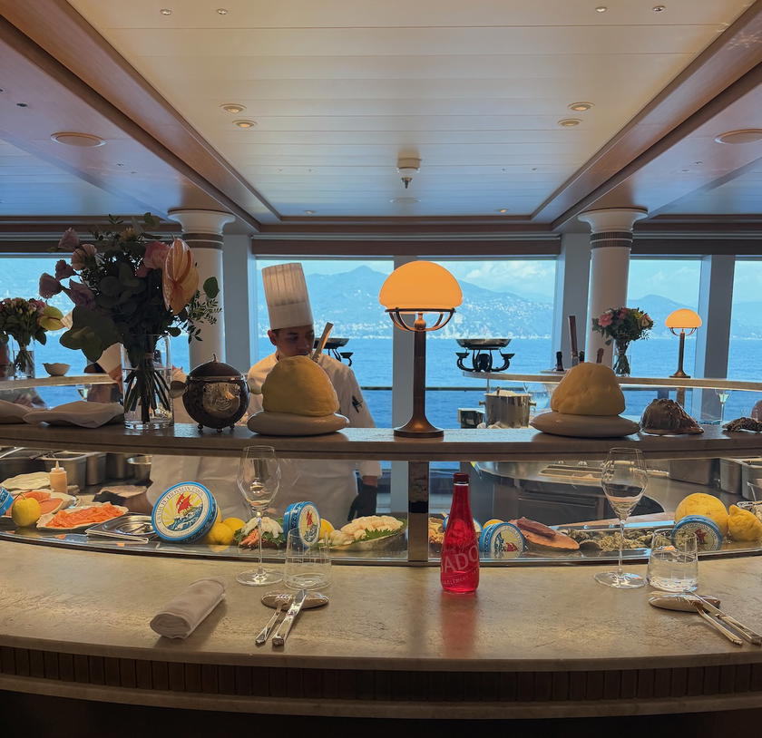 The seafood counter at L'Encre restaurant aboard Orient Express Corinthian