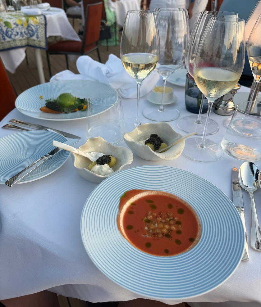 A course served during the sunset dinner beneath the sails aboard Orient Express Corinthian