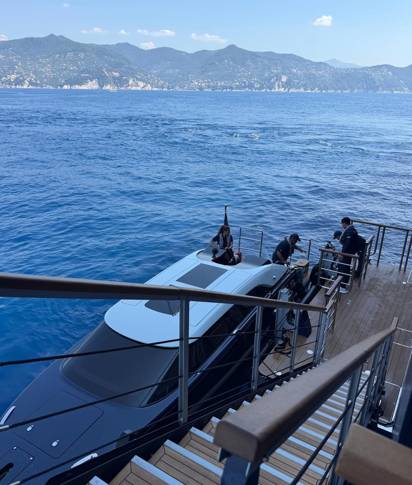 Orient Express Corinthian tender boat approaching shore
