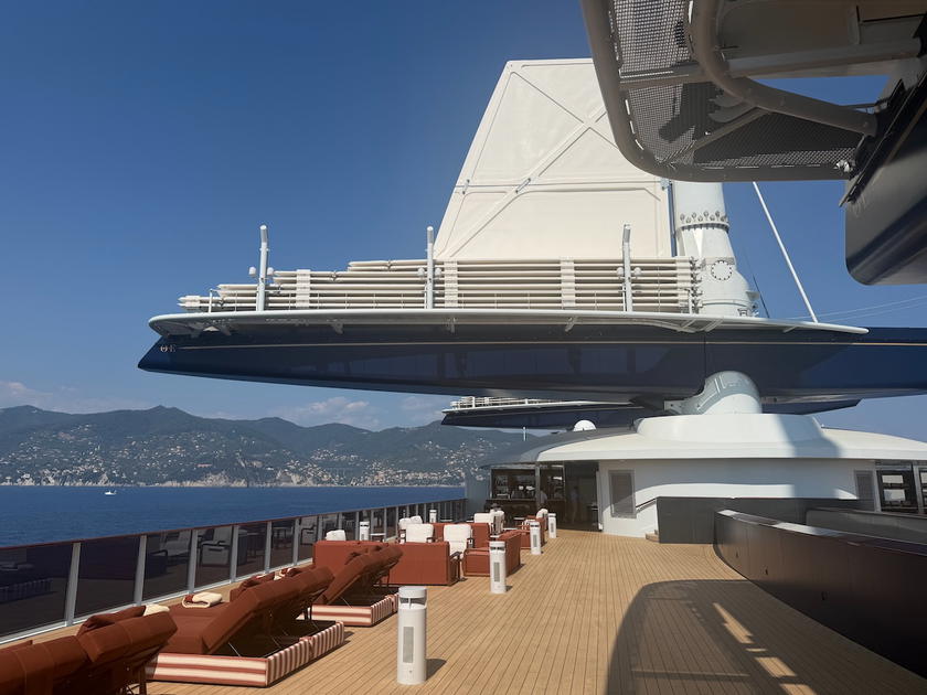 View from the flybridge of Orient Express Corinthian looking out toward the coastline
