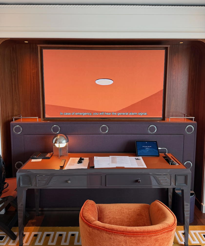 Desk and television area in an Orient Express Corinthian suite