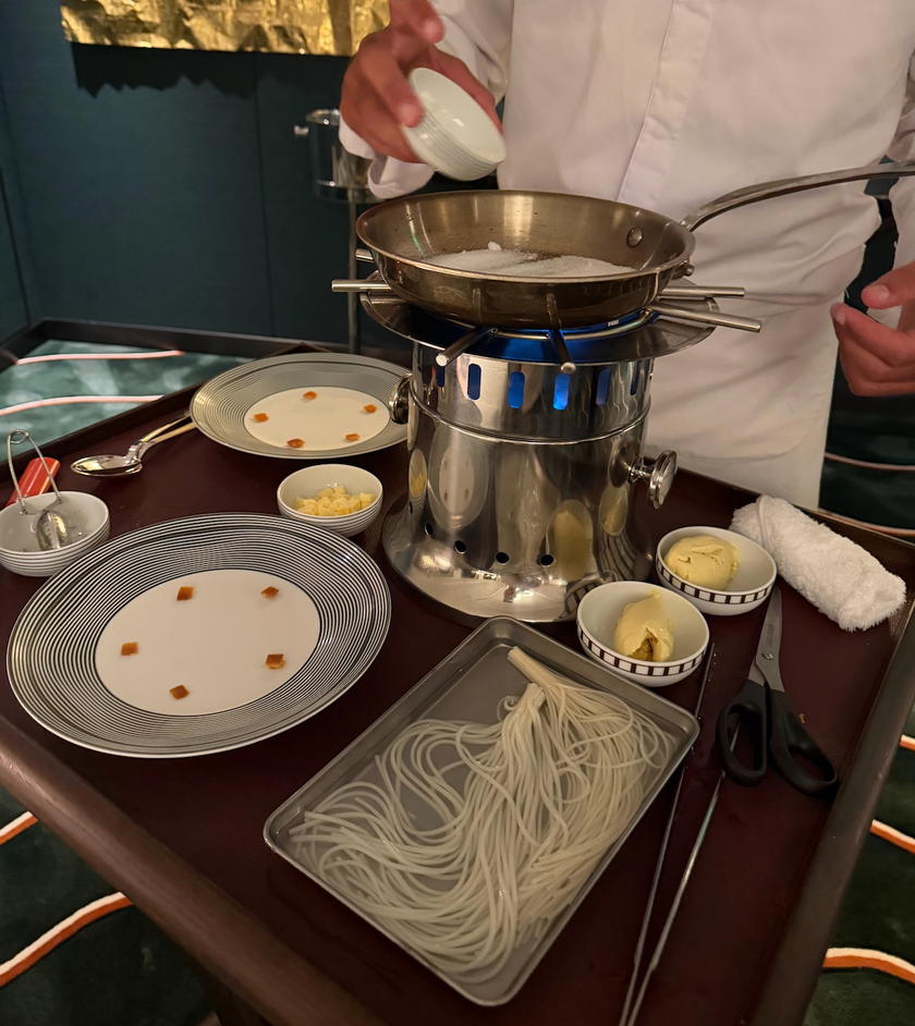A plated dish at L'Écrin restaurant aboard Orient Express Corinthian