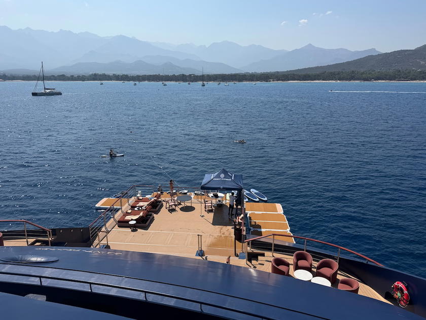 Water sports marina setup with canopy on the aft deck of Orient Express Corinthian