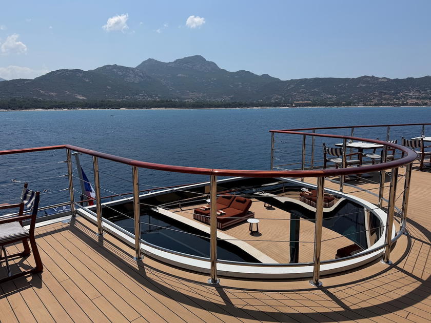 Upper deck overlooking the stern of Orient Express Corinthian