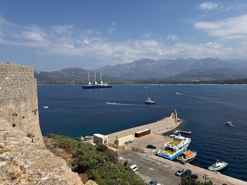 Orient Express Corinthian anchored near Calvi with sails visible
