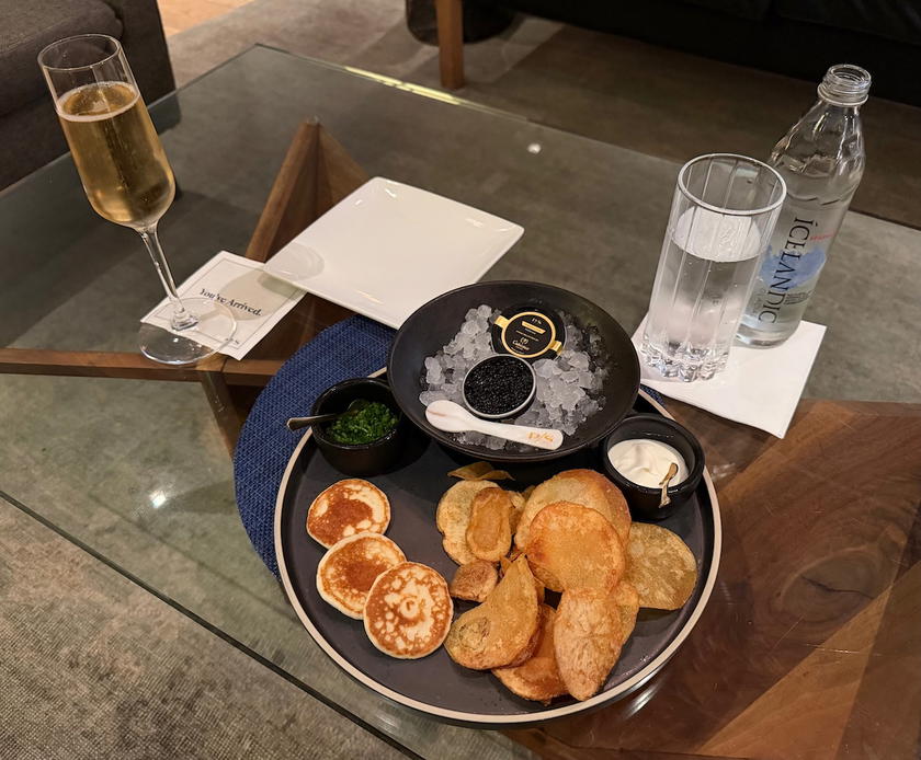 Caviar and champagne welcome service at PS LAX's private terminal
