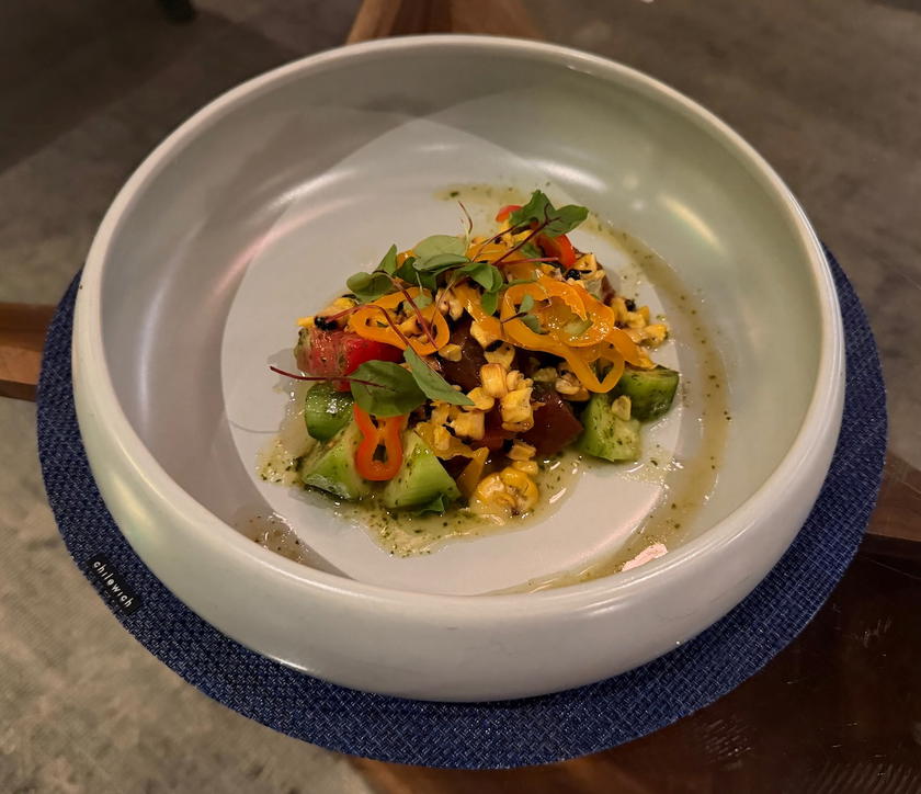 Grilled corn salad appetizer served at PS LAX's private lounge