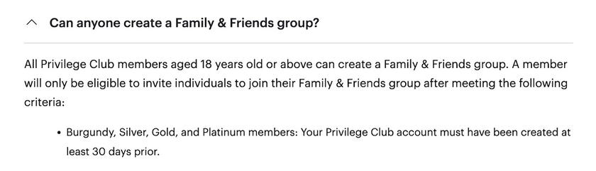 Qatar Airways Privilege Club webpage detailing the 30-day account requirement for adding travel companions