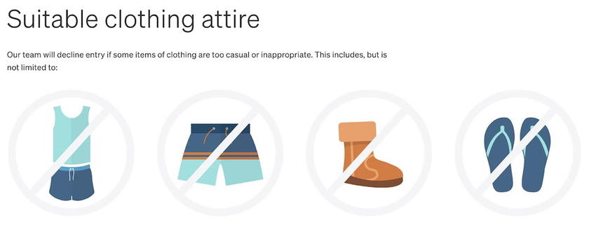 Sign listing Qantas lounge dress code rules, including banned items like tank tops and rubber thongs