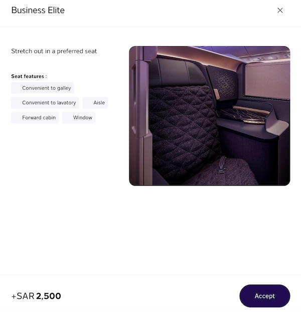 Screenshot showing the seat selection fee charged for a Riyadh Air Business Elite seat